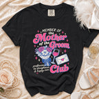 Black t-shirt with "Member of the Mother of the Groom Club" text and graphics.