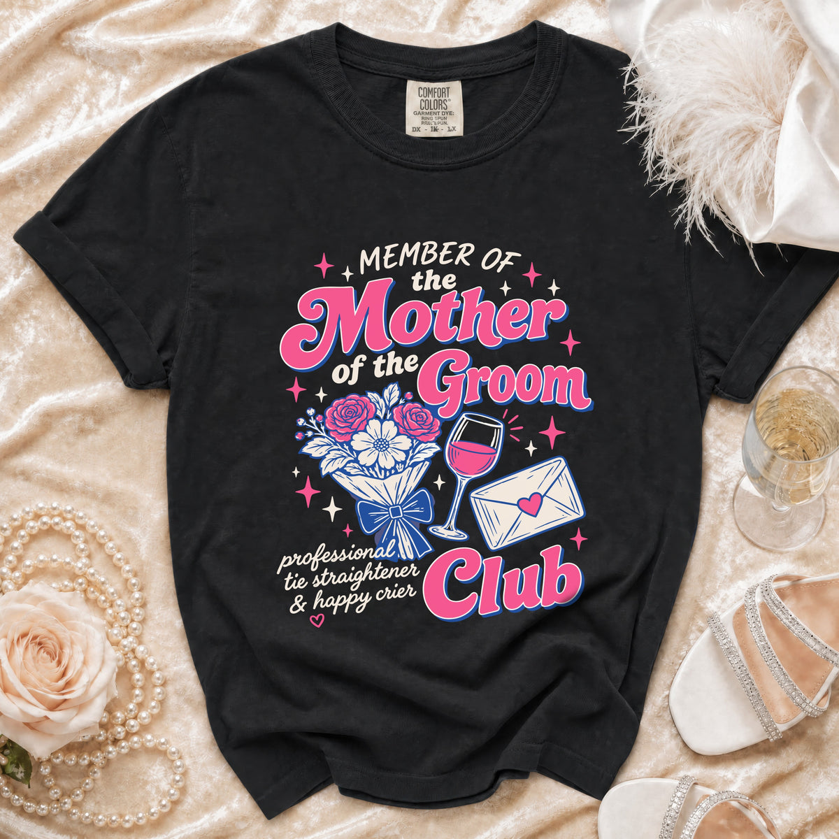 Black t-shirt with "Member of the Mother of the Groom Club" text and graphics.