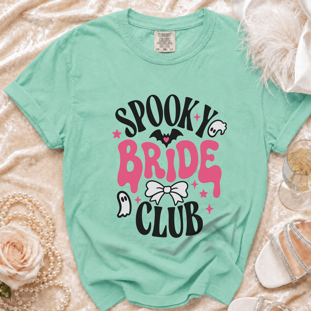 Mint green t-shirt with "Spooky Bride Club" text in black and pink.
