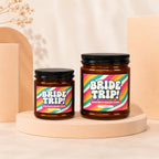 Two glass jars with black lids, featuring "Bride Trip!" and bachelorette weekend text.