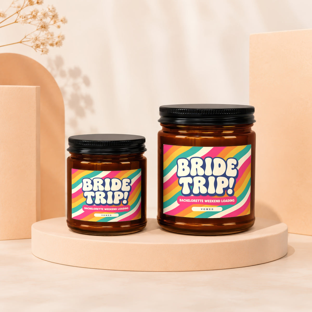 Two glass jars with black lids, featuring "Bride Trip!" and bachelorette weekend text.