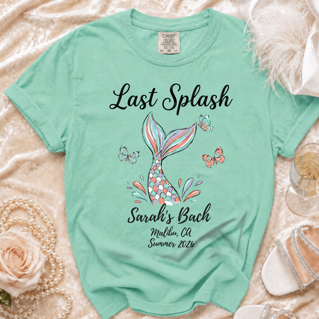 Mint green t-shirt with "Last Splash Sarah's Bach Malibu CA Summer 2026" design.