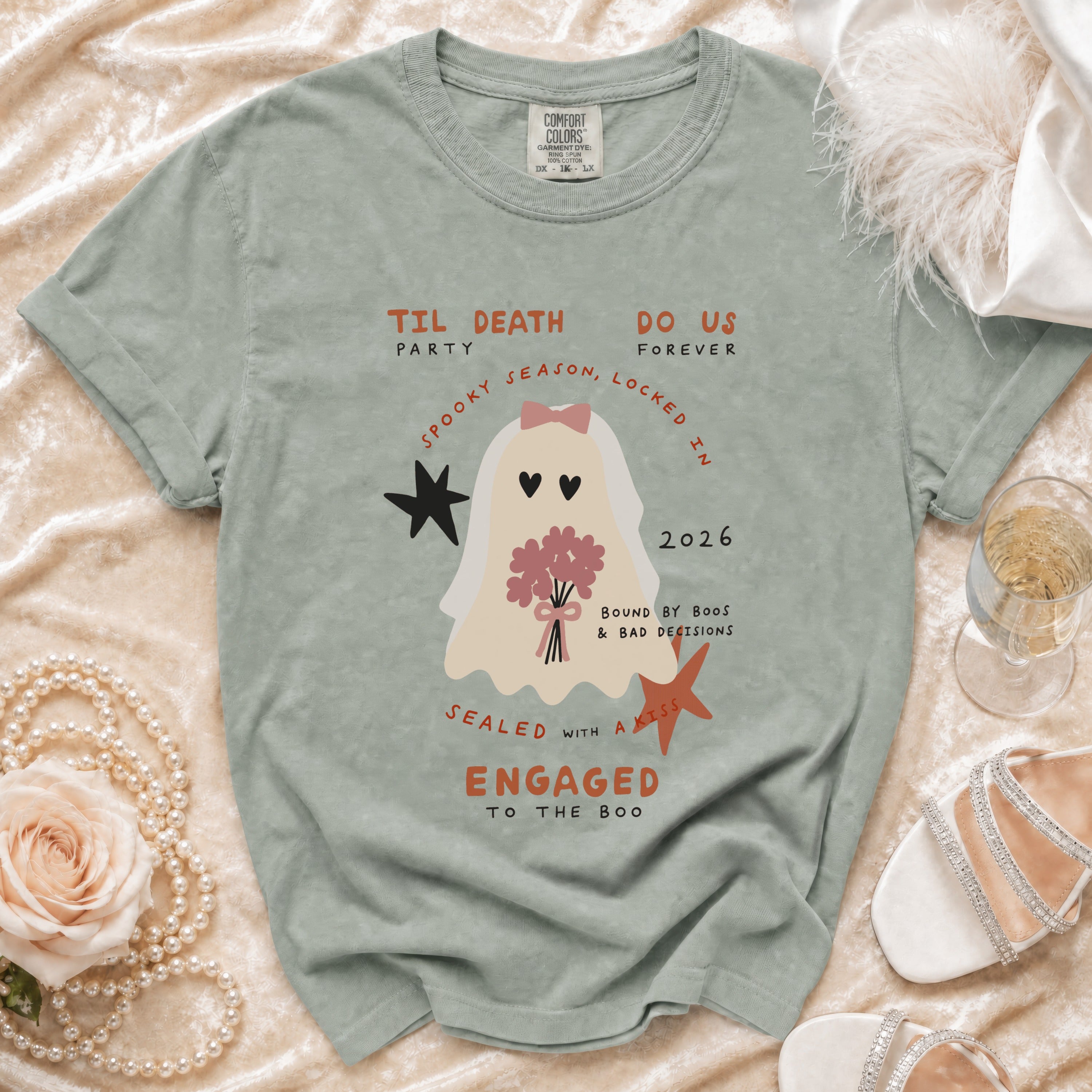 Ghost bride t-shirt with text "Til Death Party Do Us Forever" and spooky wedding theme.
