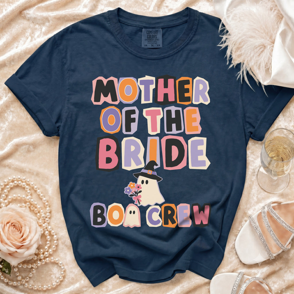 Navy t-shirt with "Mother of the Bride Boo Crew" graphic and ghost wearing witch hat.