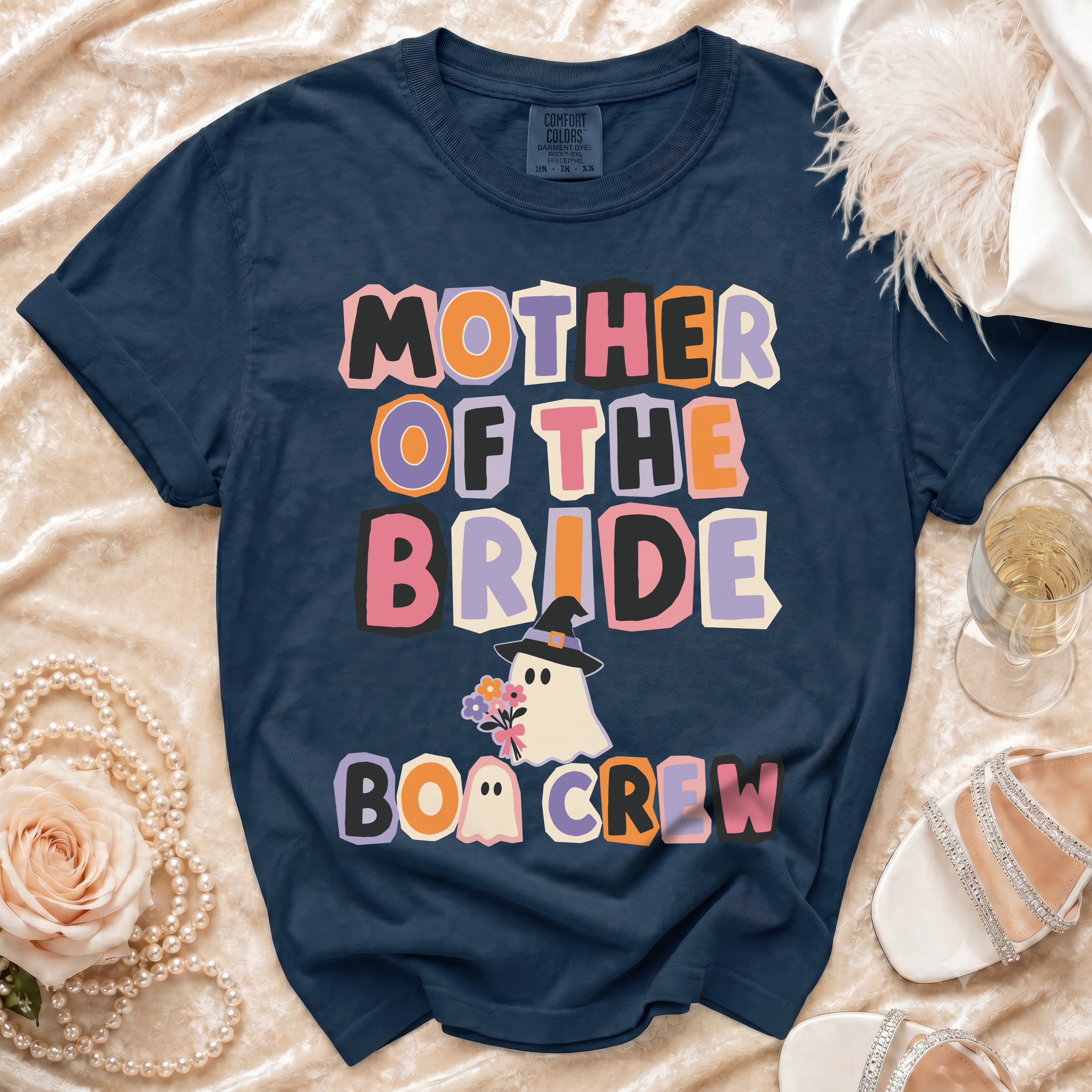 Navy t-shirt with "Mother of the Bride Boo Crew" graphic and ghost wearing witch hat.