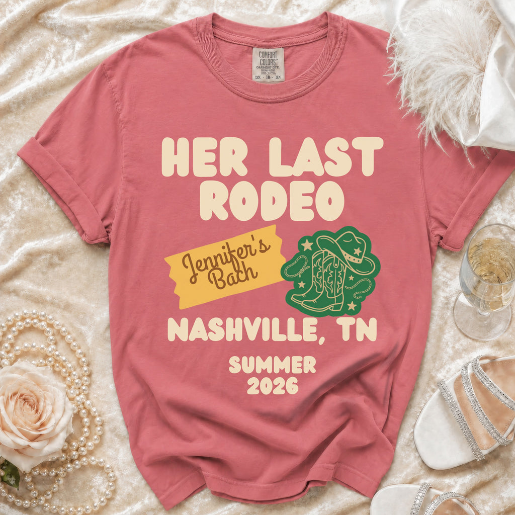Coral t-shirt with "Her Last Rodeo Jennifer's Bach Nashville, TN Summer 2026" text.