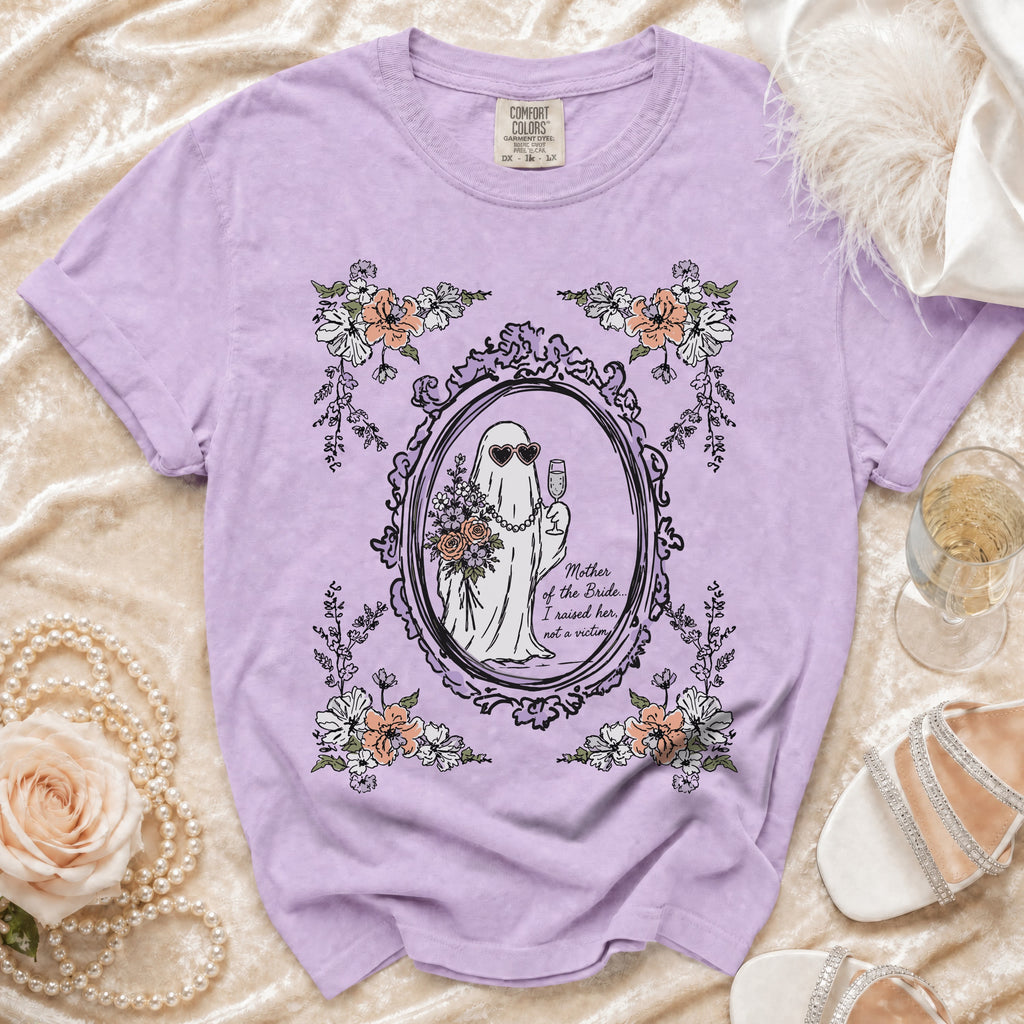 Lilac Comfort Colors tee with a ghost bride graphic and "Mother of the Bride..." text.