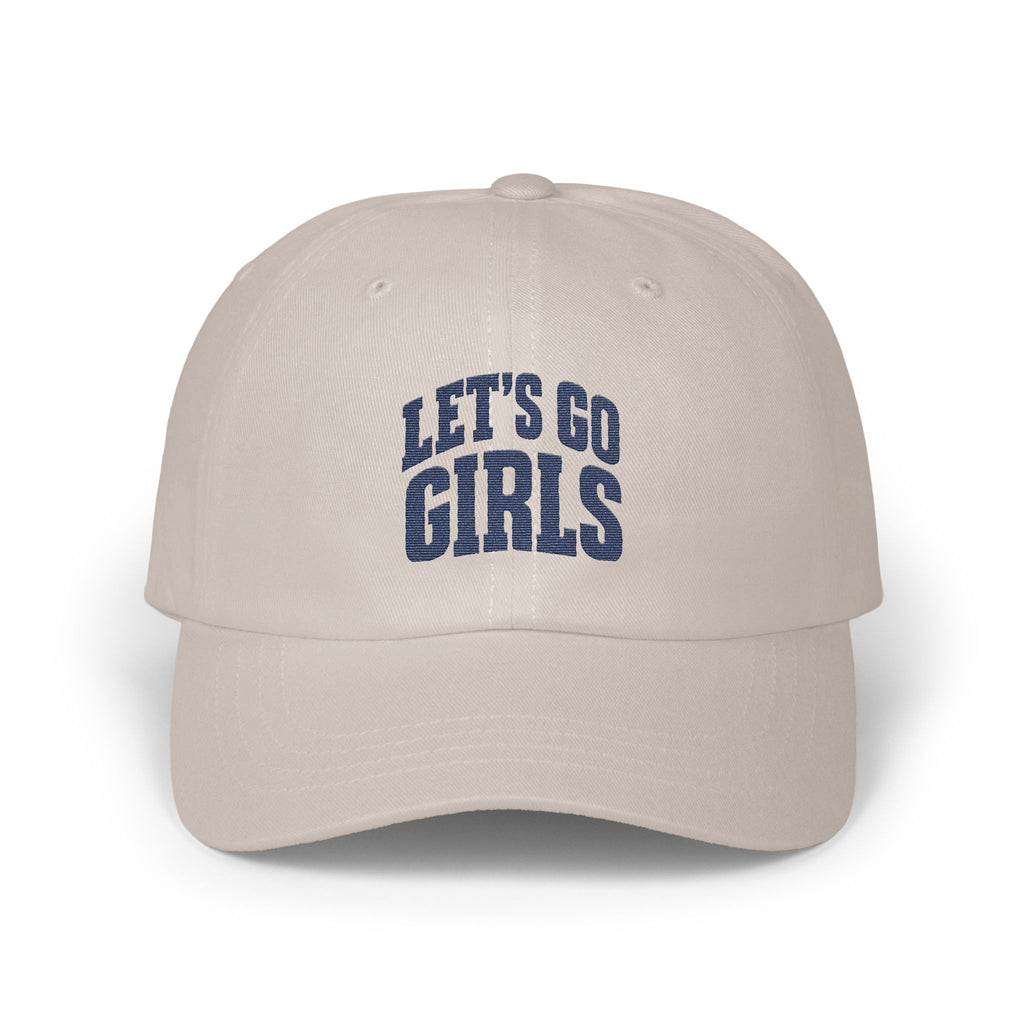 A beige baseball cap features embroidered blue text that reads LET'S GO GIRLS across the front panels.