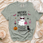"Mother of the Bride" t-shirt with ghost, bat, and cat Halloween graphic.