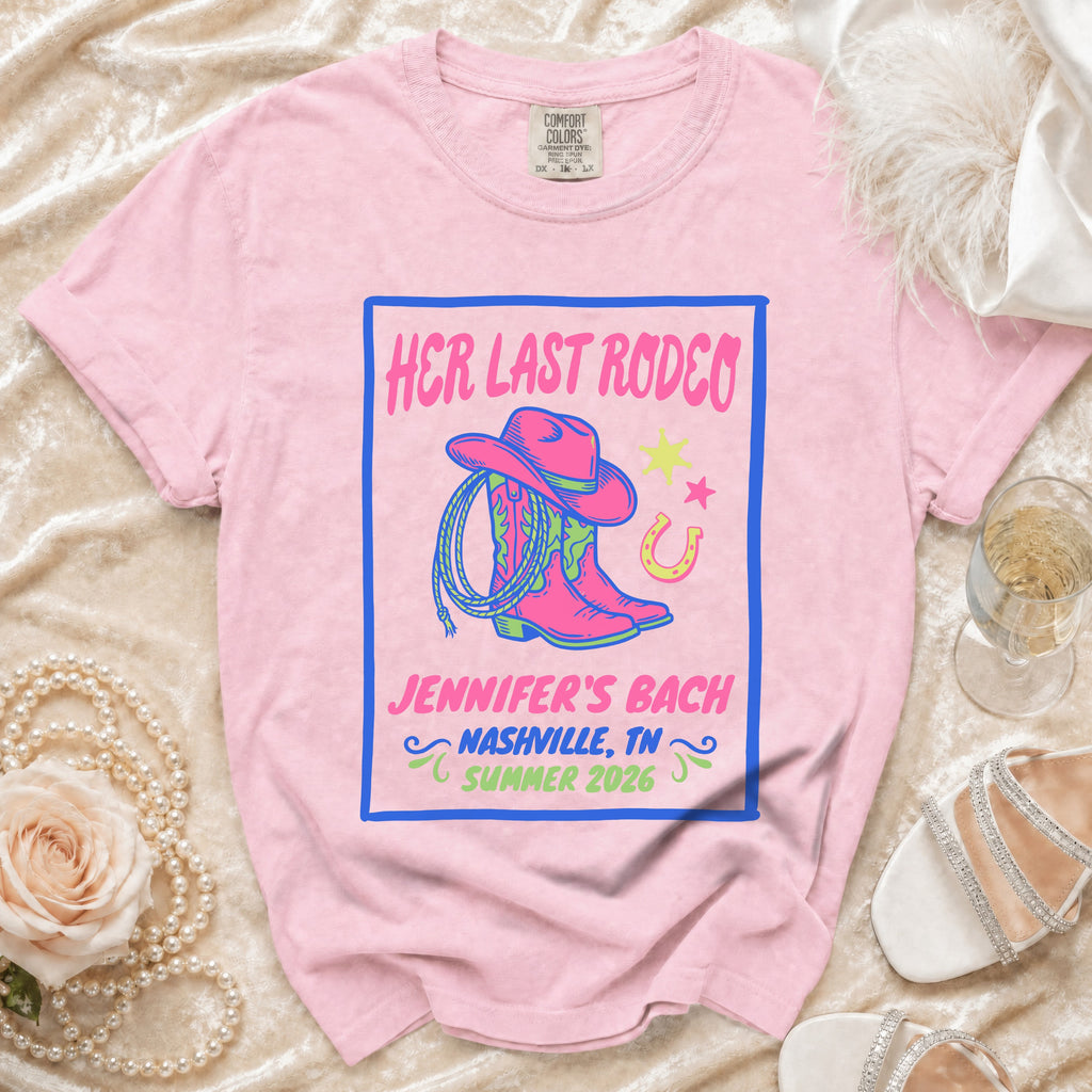 Pink t-shirt for "Jennifer's Bach" bachelorette with "Her Last Rodeo" design.
