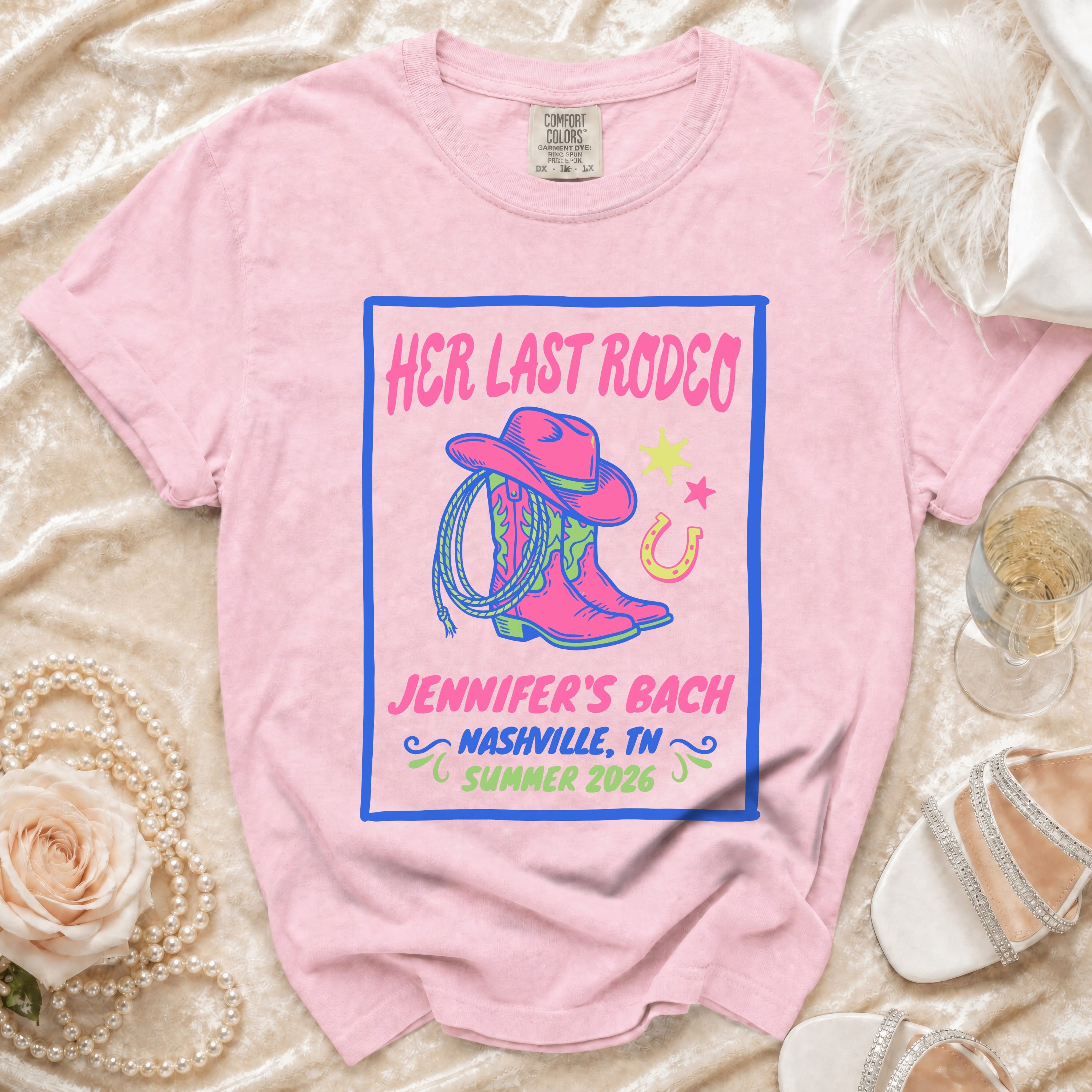 Pink t-shirt for "Jennifer's Bach" bachelorette with "Her Last Rodeo" design.