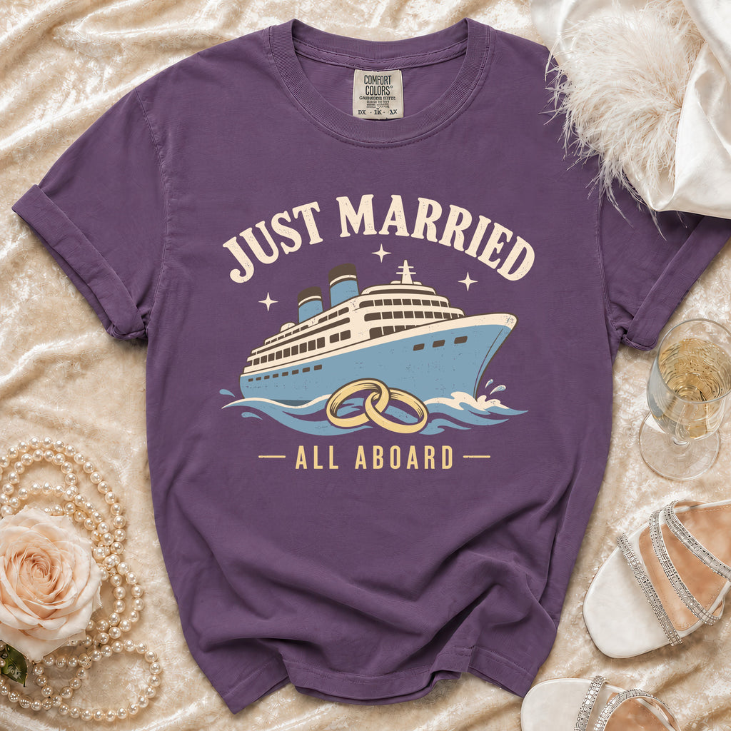 Purple t-shirt with "Just Married - All Aboard" text and a cruise ship graphic.