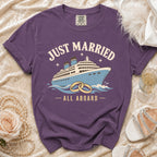 Purple t-shirt with "Just Married - All Aboard" text and a cruise ship graphic.