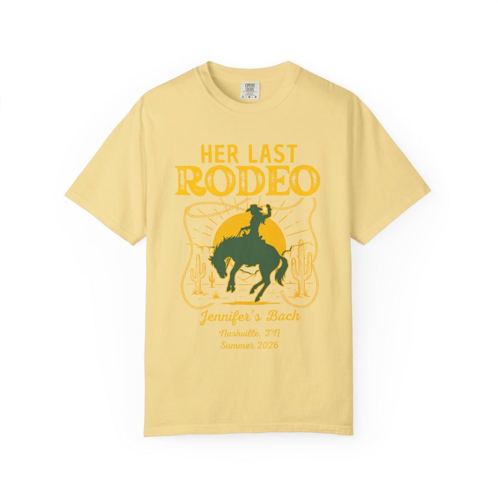 Yellow t-shirt with "HER LAST RODEO" and bachelorette party details.