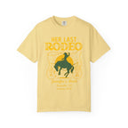 Yellow t-shirt with "HER LAST RODEO" and bachelorette party details.