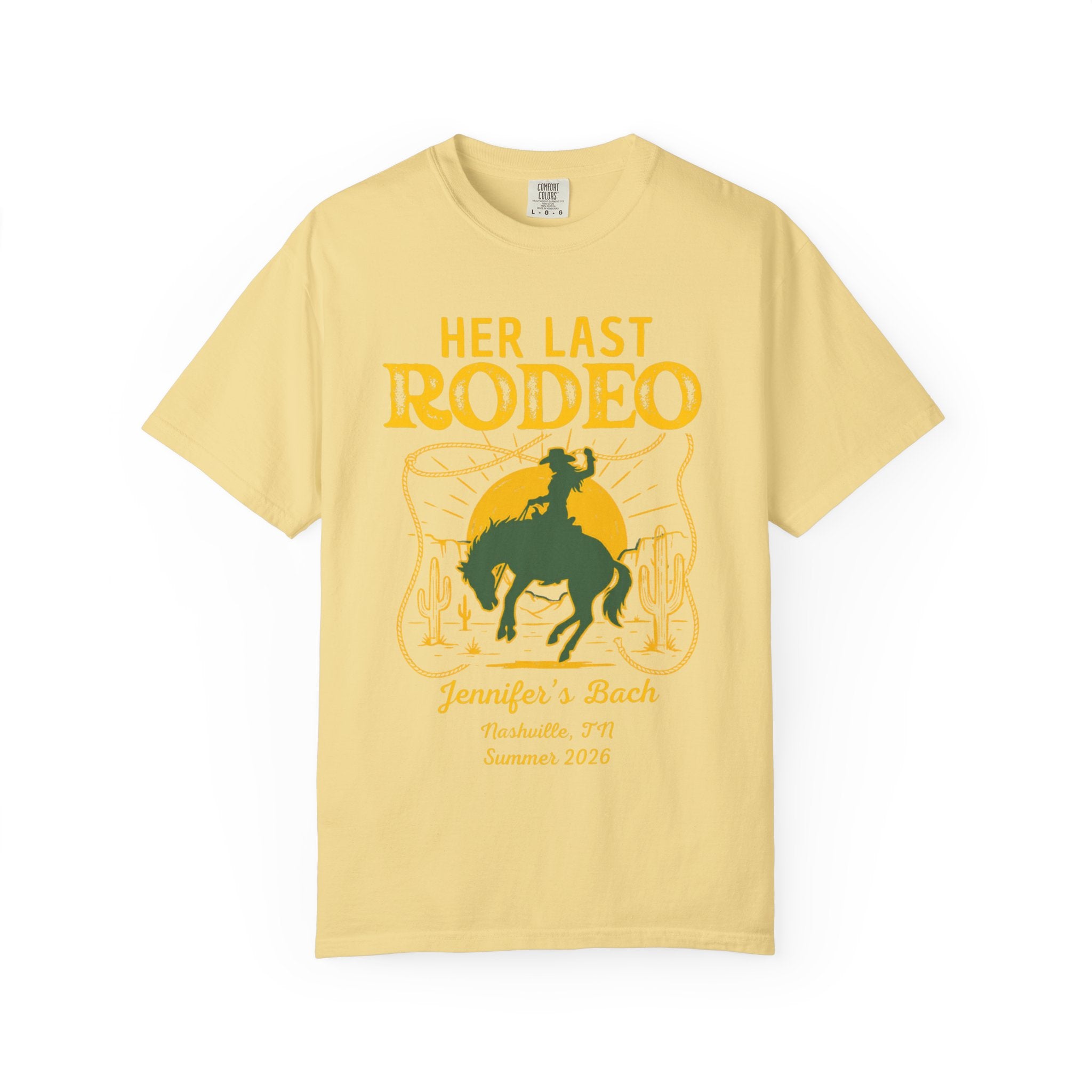 Yellow t-shirt with "HER LAST RODEO" and bachelorette party details.