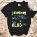 Black t-shirt with "Groom Mom Club" text and wedding graphics.