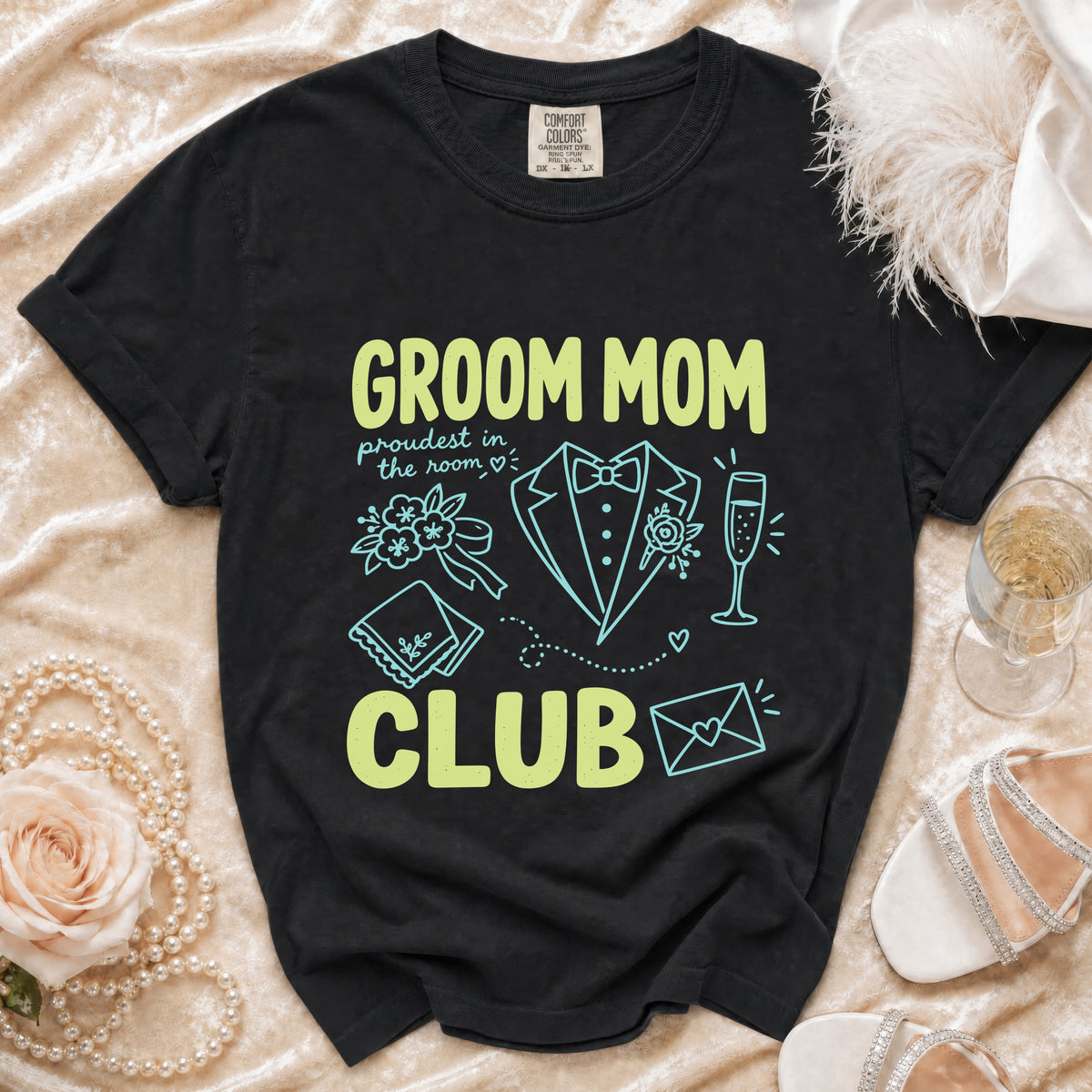 Black t-shirt with "Groom Mom Club" text and wedding graphics.