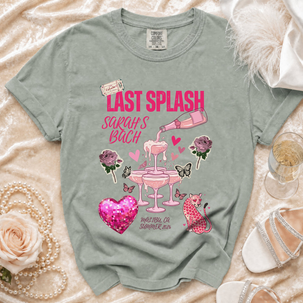 T-shirt with "Last Splash Sarah's Bach" text, pink hearts, butterflies, and leopard.