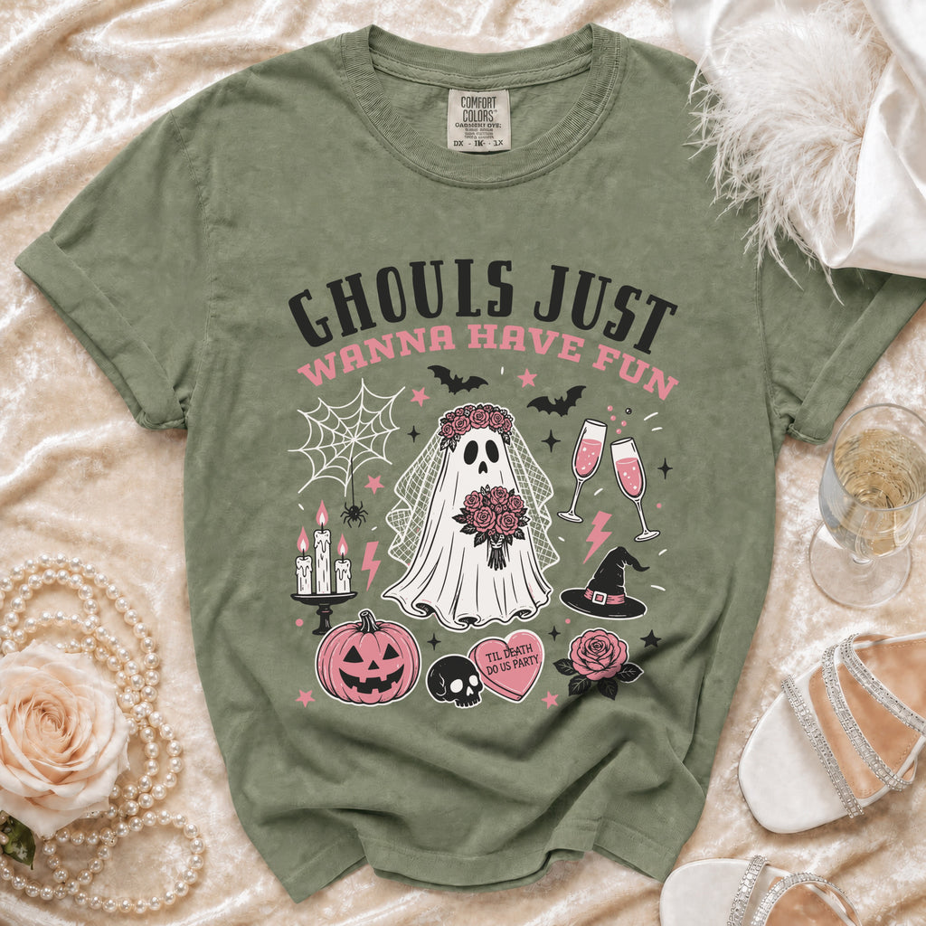 Olive green t-shirt with "Ghouls Just Wanna Have Fun" and Halloween bridal ghost graphic.
