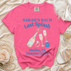Pink t-shirt with "Sarah's Bach Last Splash" and Malibu Summer 2026 graphic.