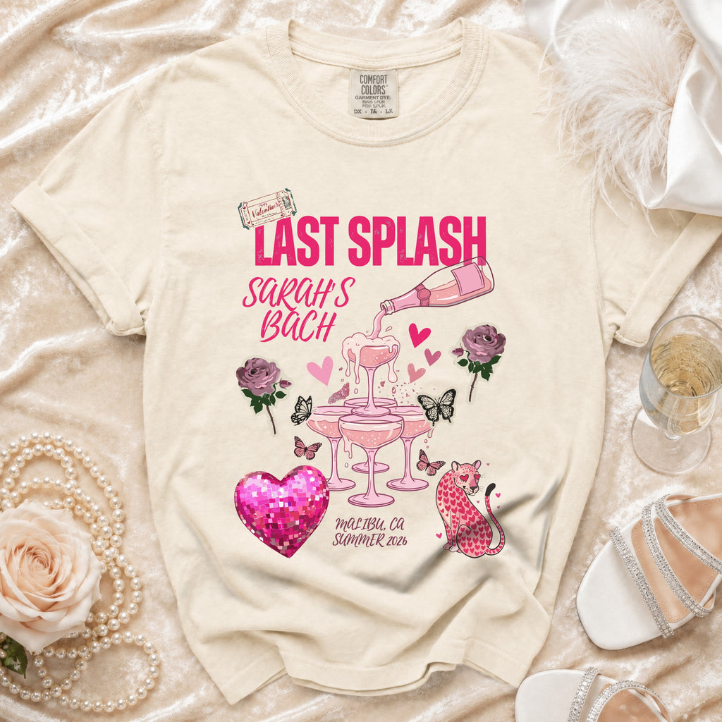 "Last Splash" graphic t-shirt with pink hearts, butterflies, champagne glasses, and leopard print.