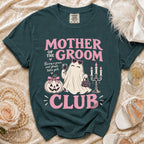 Dark teal t-shirt with "Mother of the Groom Club" graphic featuring a ghost.