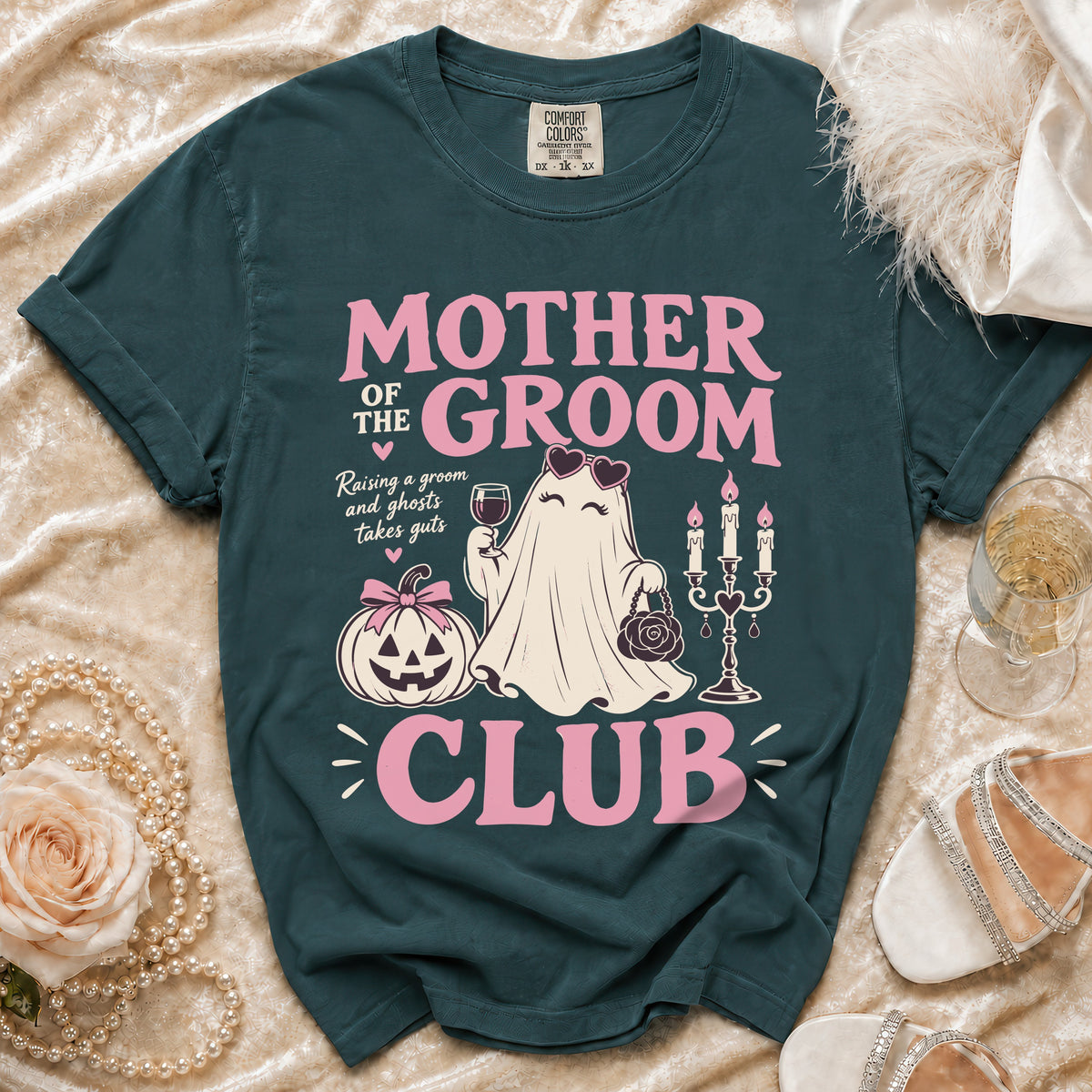 Dark teal t-shirt with "Mother of the Groom Club" graphic featuring a ghost.