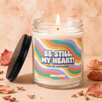 Candle with flame and label reading "Be Still, My Heart! You're Engaged!".
