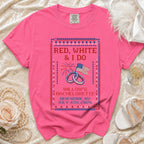 Pink t-shirt with "Red, White & I Do Willow's Bachelorette" text.