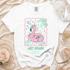 Pink flamingo float with cocktail and text "Last Splash Sarah's Bach Malibu Summer 2026".