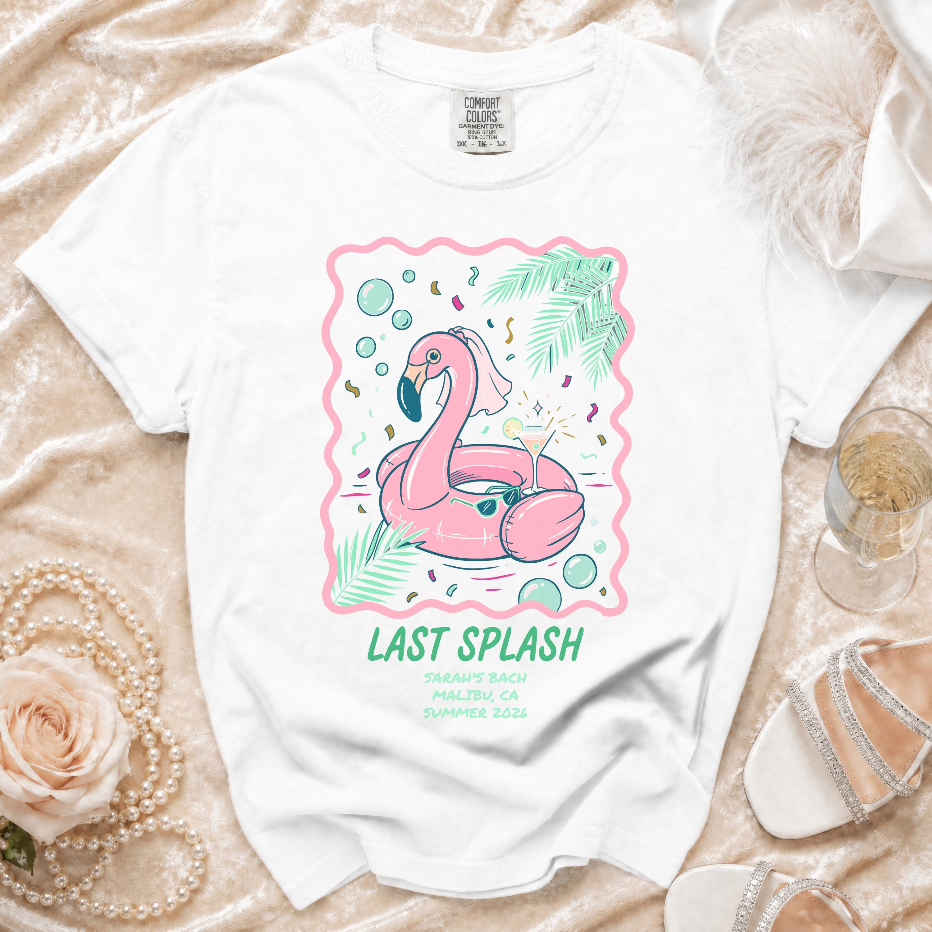 Pink flamingo float with cocktail and text "Last Splash Sarah's Bach Malibu Summer 2026".