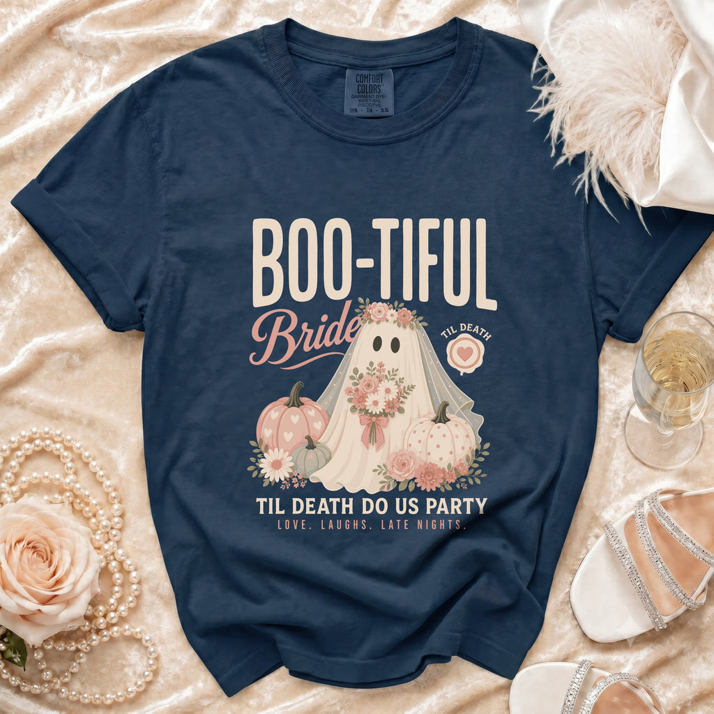 Navy t-shirt with "Boo-tiful Bride" and ghost graphic.