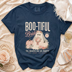 Navy t-shirt with "Boo-tiful Bride" and ghost graphic.