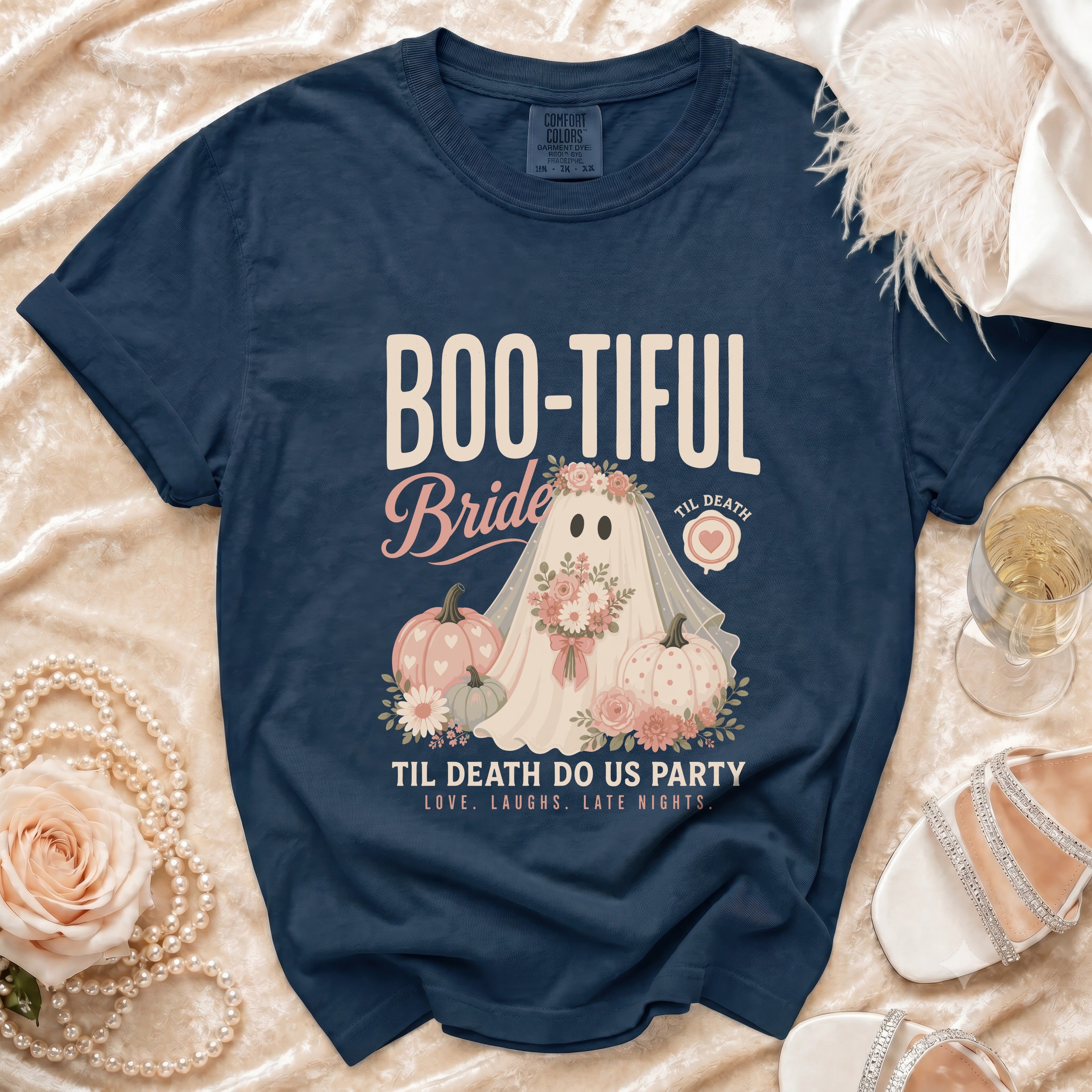 Navy t-shirt with "Boo-tiful Bride" and ghost graphic.