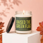 Candle with "Raised the Green Flag" text for an Official Maid of Honor.