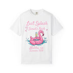 White t-shirt with "Last Splash Sarah's Bach" and a flamingo float.