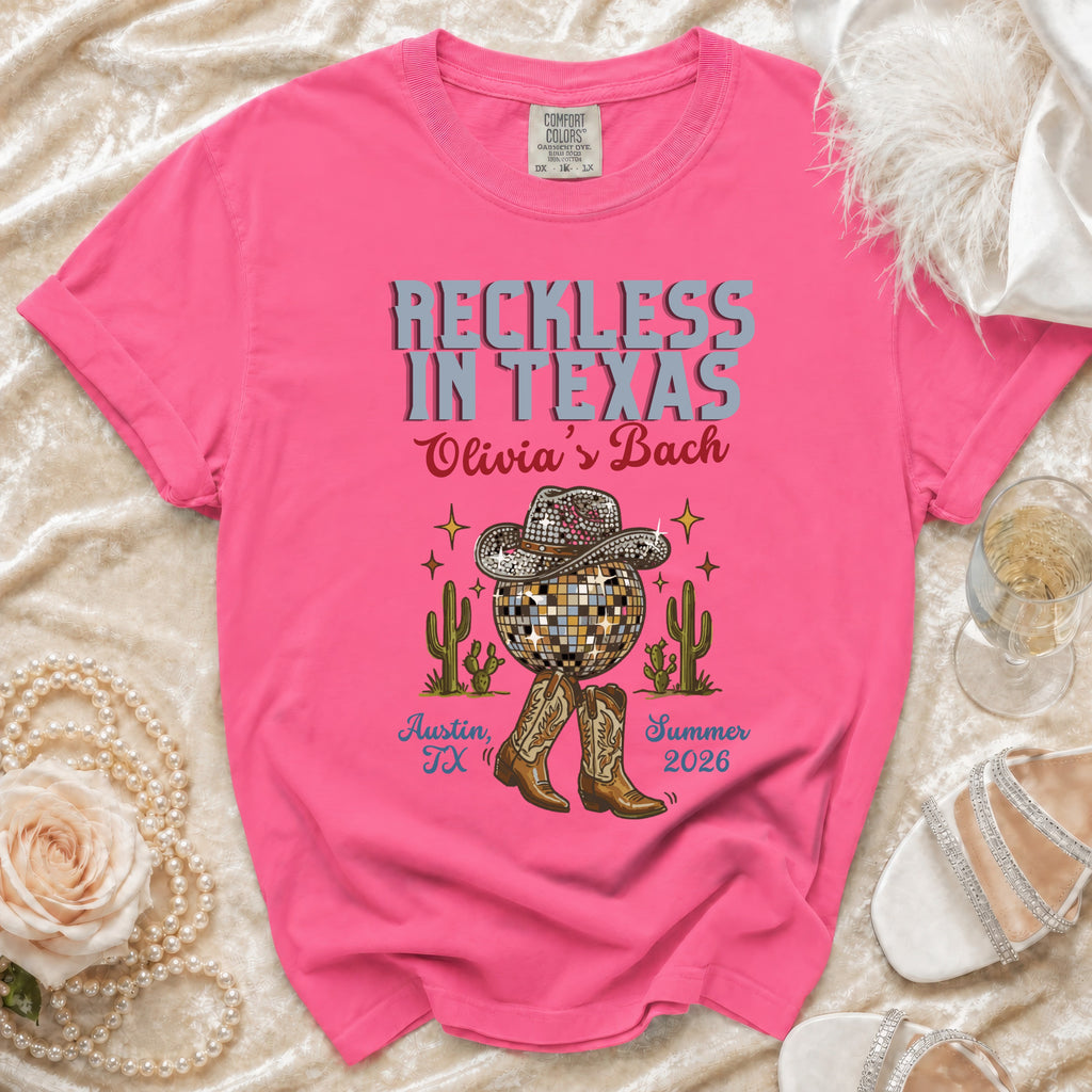 "Reckless in Texas" t-shirt with disco ball, cacti, and boots, "Olivia's Bach Austin, TX Summer 2026".