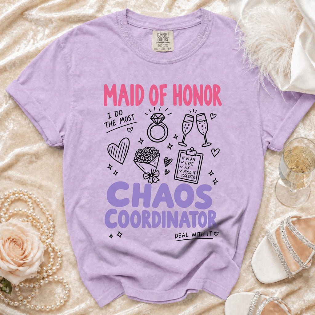 Lilac t-shirt with "Maid of Honor Chaos Coordinator" text and wedding theme illustrations.