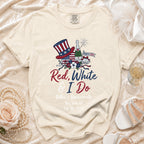 "Red, White & I Do" bachelorette shirt with patriotic hat, champagne, and event details.