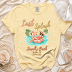 Yellow t-shirt with "Last Splash Sarah's Bach Malibu, Ca Summer 2026" graphic.