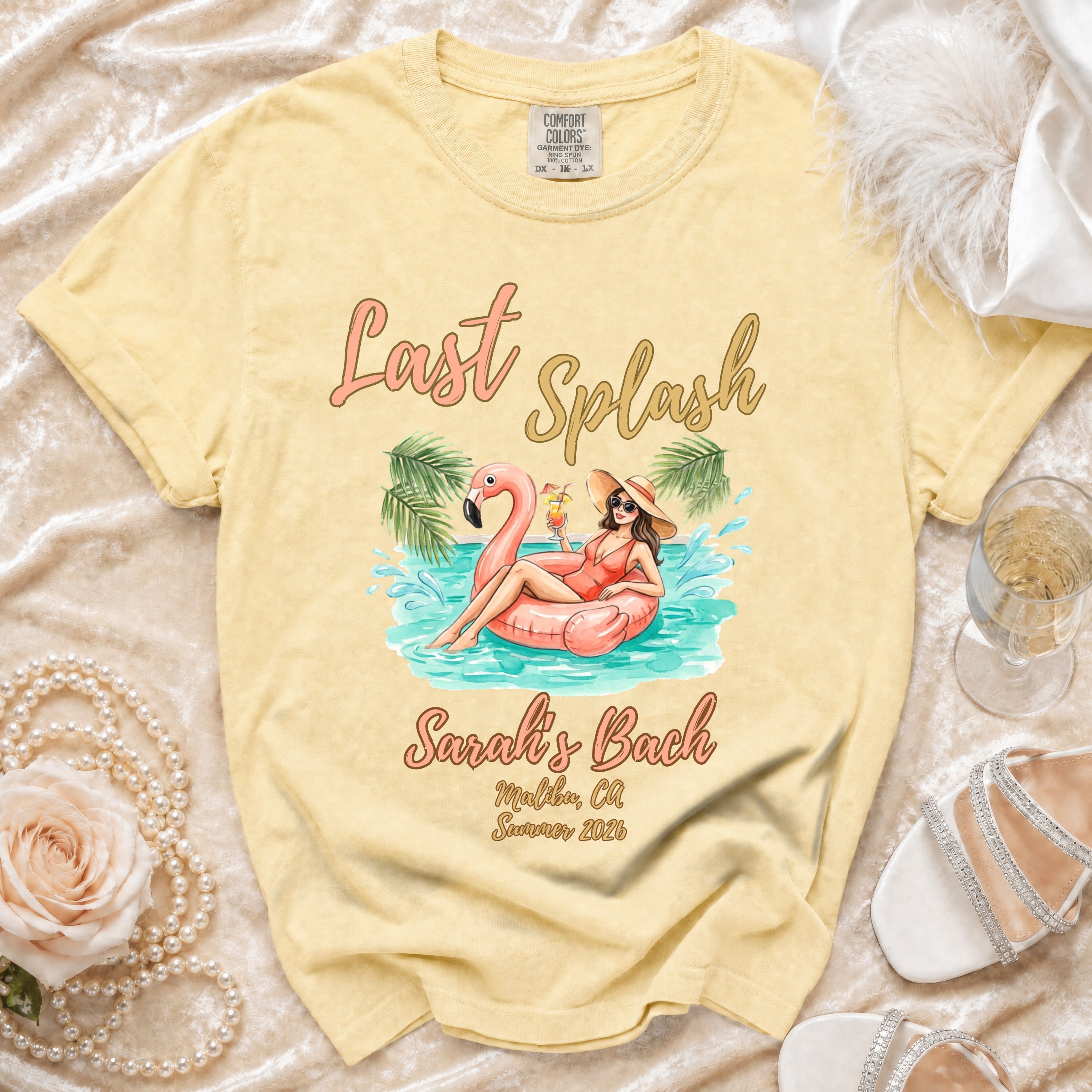 Yellow t-shirt with "Last Splash Sarah's Bach Malibu, Ca Summer 2026" graphic.