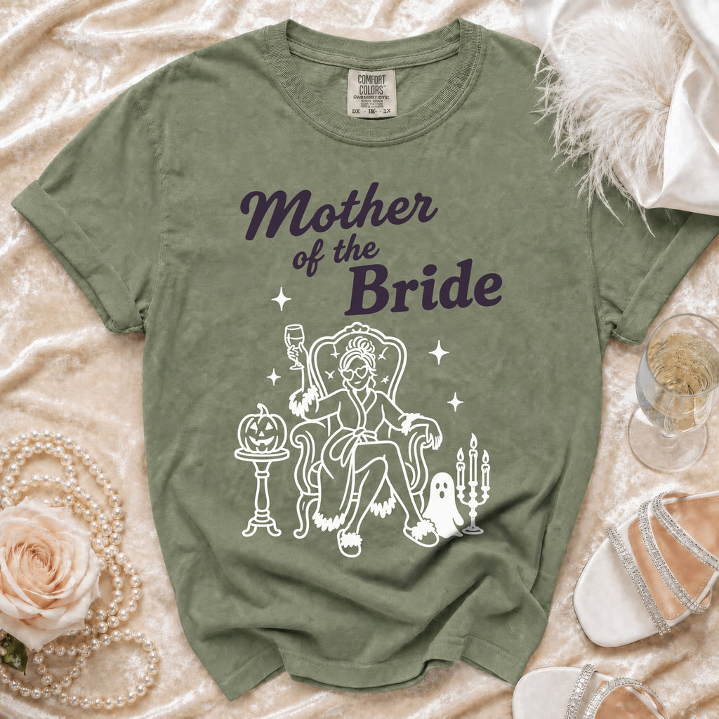 Green t-shirt with "Mother of the Bride" text and spooky graphic.
