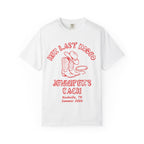 White t-shirt with "Jennifer's Bach" text and cowboy boots graphic.
