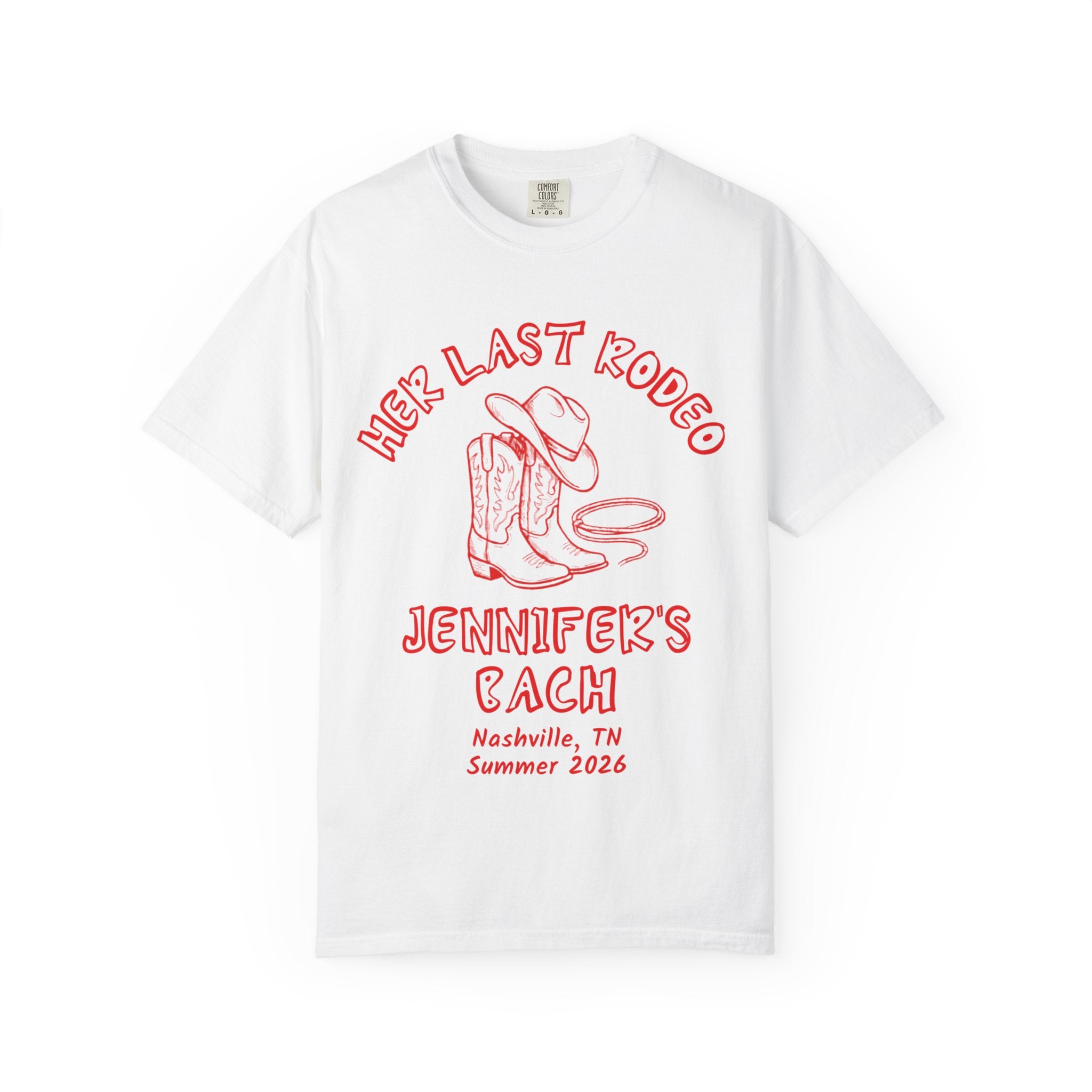 White t-shirt with "Jennifer's Bach" text and cowboy boots graphic.