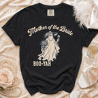 Black t-shirt with a ghost design that says "Mother of the Bride" and "Boo-Yah."