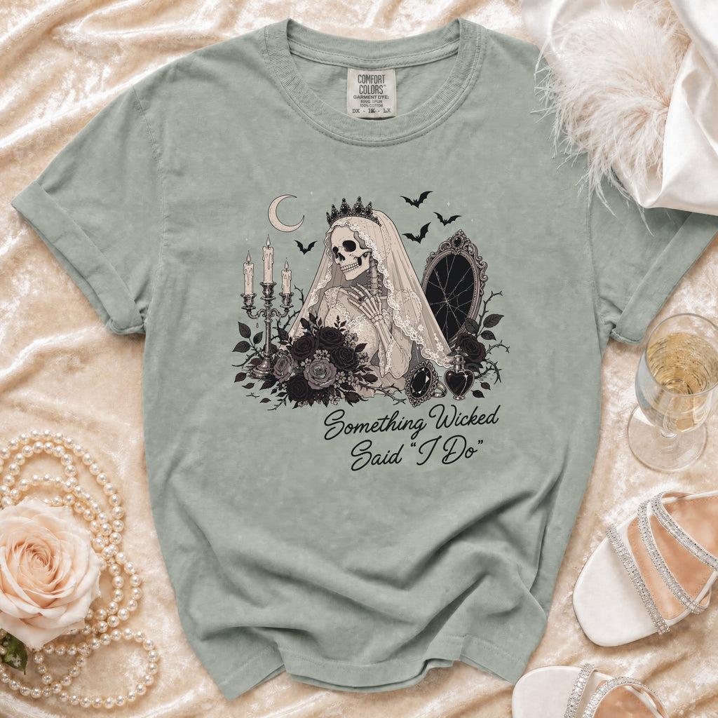 T-shirt with skeleton bride, roses, candles, moon, bats, and "Something Wicked Said 'I Do'" text.