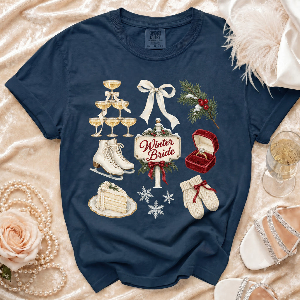 Navy t-shirt with watercolor winter wedding icons and "Winter Bride" text.