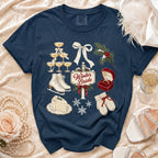 Navy t-shirt with watercolor winter wedding icons and "Winter Bride" text.