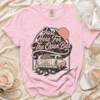 Pink t-shirt with retro graphic of a "Just Married" car and "Just Here For The Open Bar" text.